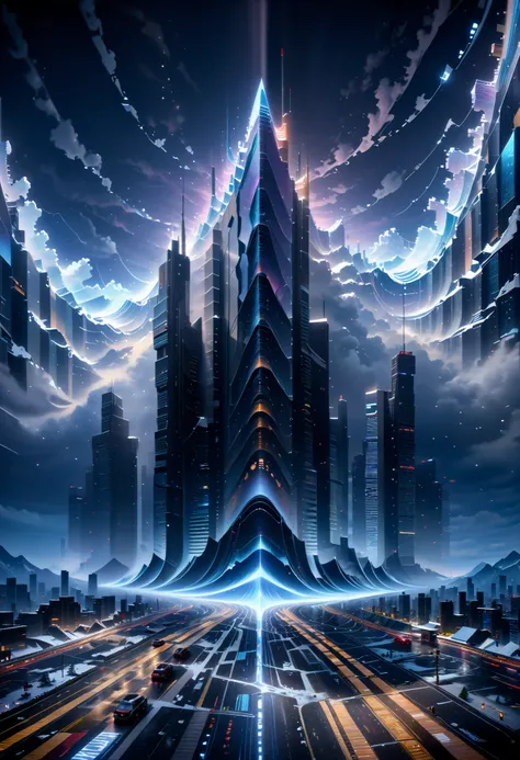 codeandigital, c0dean0igital, cyberw0rlds,a breathtaking aerial view of a big city with towering skyscrapers reaching towards a cloudy sky, dim lighting creating a moody atmosphere, with soft snowfall adding a sense of depth and dynamic camera angle for an...