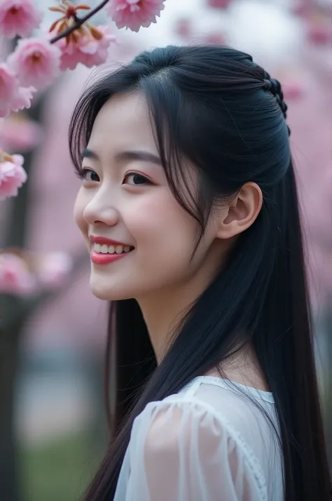 Cinematic photo of an asian girls face is smiling seen from the side long hair with blue black colored hair looks aesthetic with very perfect quality beground cherry blossoms look blurry and elegant super ultra HD quality