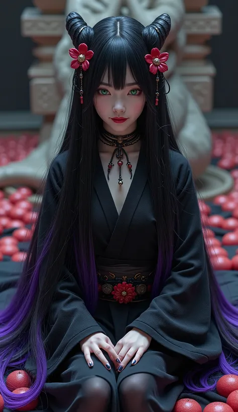 length,  straight,  black hair with a purple gradation from the tips of her hair .。Her long hair,  wrapped around the ground ,  and is adorned with chrysanthemum hair ornaments .。length, nice, Deep green eyes。 and an enchanting Japanese beauty with a snake...