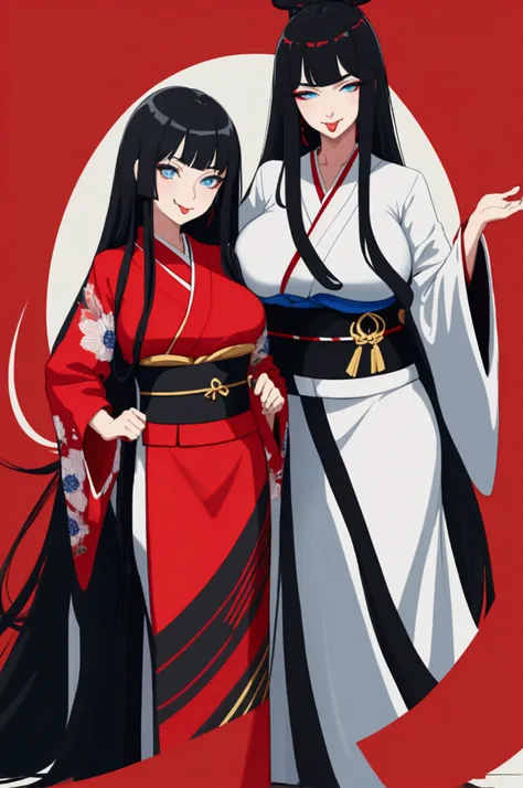 A woman who have big breast big ass long black hair blue eyes and she have a kimono with red black and white colours combination and she is looking at viewers with a lovely hentai smily face like she wants to have a sax with the viewers and her tongue is o...