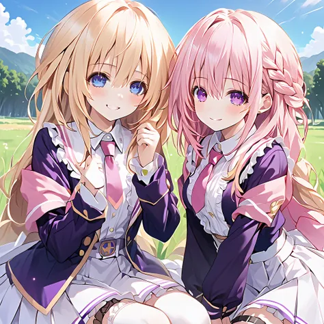 ( two girls),break,(one girl),Green (Neptunia ), blonde hair, blue eyes, smile,long hair, french braid, sidelocks, small breasts, narrow waist, wide hips, (Black blazer:1.1)、(Regular necktie:1.1)、( black plaid mini skirt:1.1)、(bridal garter:1.５),break,
(an...