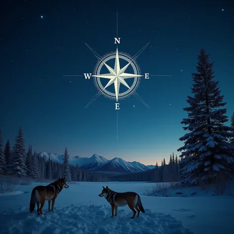 The Nordic compass in the starry sky at night in a Nordic landscape and wolves