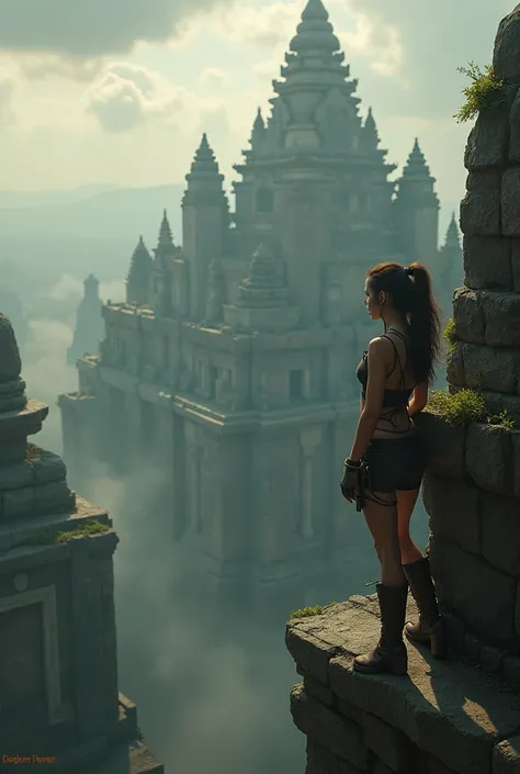 Angelina jolie tomb raider climbing ruins temples floating in the sky