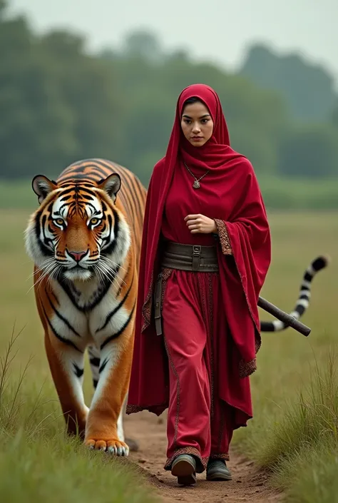 Woman wearing red hijab is walking to lead a large striped tiger