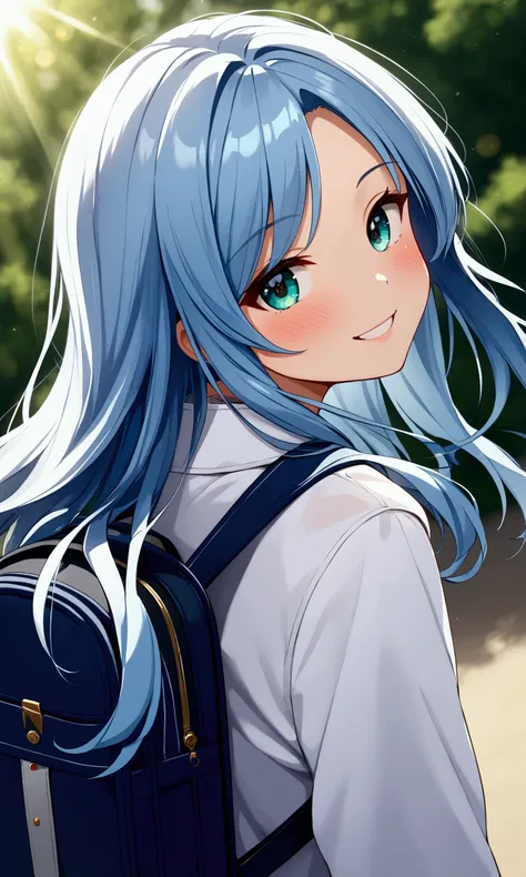 silver blue hair, long hair, hair shimmer+, hair strands,oversized white jacket, backpack,wind blowing, from behind, looking at viewer, head tilt,close-up, :D, clenched teeth, , bright smile+,blushing, masterpiece++,ultra-detailed++, extremely detailed++, ...