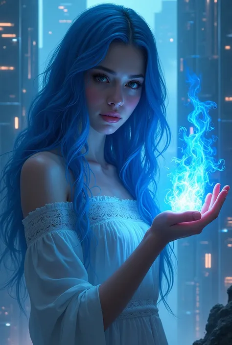 Create an image of a beautiful woman with long blue hair holding a black and blue flame in one of her hands 
The landscape you bring must be very futuristic style 
Cyberpunk