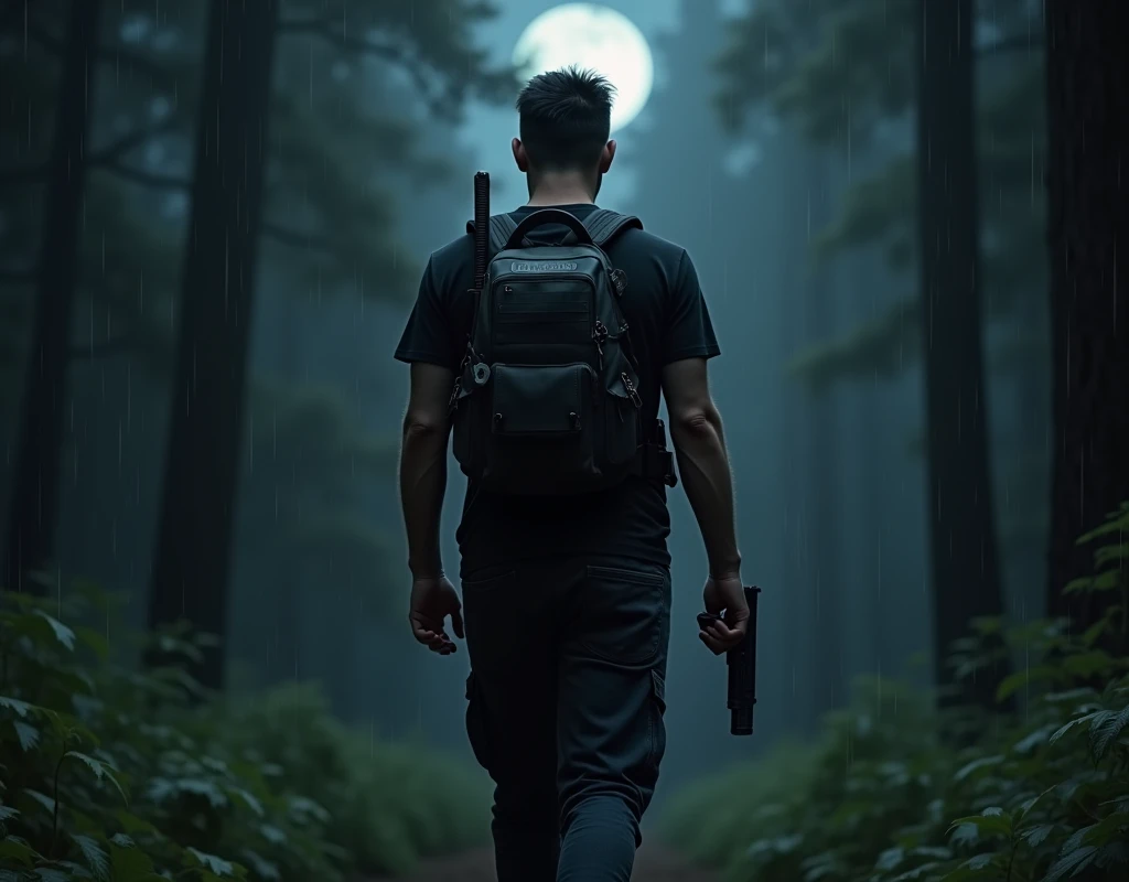 A man, undercut, black hair, wearing black t-shirt and long jeans, bring backpack, holding a pistol, wearing tactical vest, walking in a forest, night times, quiet atmosphere, a moon visible, light rainny, high resolution, photorealistic 