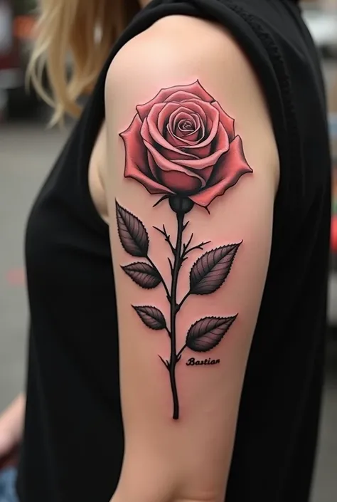 Medium tattoo on the arm of a rose that reads 03-11-2024 Bastian