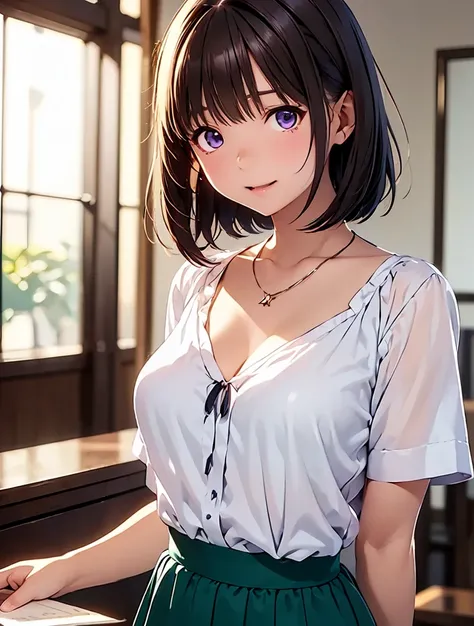    high definition  ,In 8K, best quality, Details, semi-realistic anime , D Anime Style , Smooth Anime CG , One Girl , 19-year-old Japanese woman, slim,modeling,((輝く瞳)),((Cute Udedo Kei )),(( necklace)),(Maroon Glowing Hair ),((White blouse)),((hair intake...