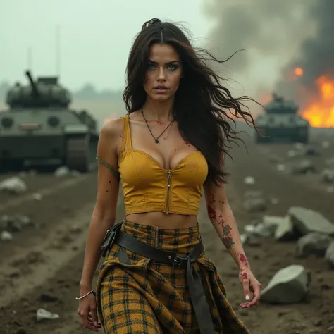 cinematographic photography of a beautiful brunette woman, green eyes, long hair, sexy, sculptural body, beautiful breasts, with a yellow and black checkered womens kilt, a yellow leather top, worn and dirty, walking on a battlefield, body dirty with blood...