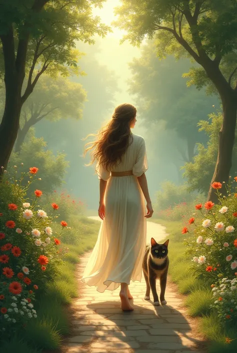 A woman walking with a cat
