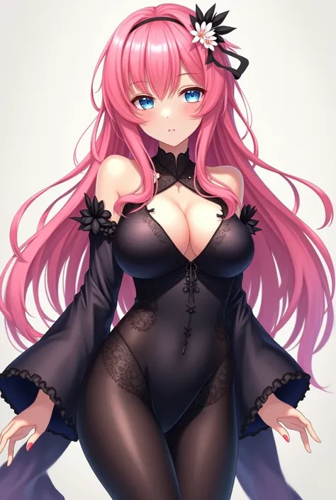 ( super high resolution , realistic, best quality, Japanese anime style ),(( 1 girl))，(( blue eyes))，(( very long straight hairstyle ，Long hair growing all the way to her feet ， cherry blossom hair ornament ， pink hair))，(( huge breasts，Big Breasts))，( bla...