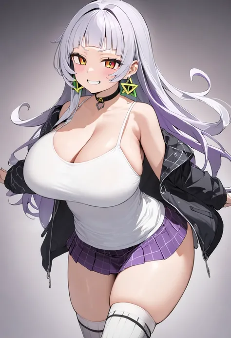 ( top quality, 8k, masterpiece),　 girl、young、Idol、1 person、 murasaki shion, 、 hololive ,Silver Hair  , Big Breasts ,smile、 like heaven、 red cheeks 、Tanimachis emphasis 、A rich variety of skin tones  , ( Wear a jacket over a camisole ,  super short miniskir...