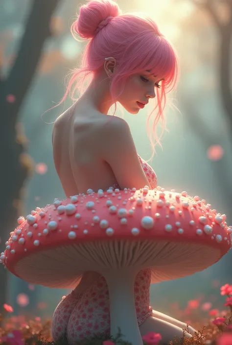 An enchanting 18-year-old girl radiates beauty as she gracefully perches atop a colossal mushroom, captured in a mesmerizing psychedelic anime style. Her chic pink hair is elegantly bundled, framing her bare shoulders in a soft, ethereal glow. The scene is...