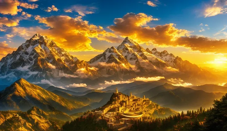 High Quality, UHD, Best Quality, Masterpiece, Award Winning, High Resolution, highly detailed, ultra-detailed, Optical Illusion, cinematic, realistic, photorealistic, Scene of Mount Olympus under a golden sky