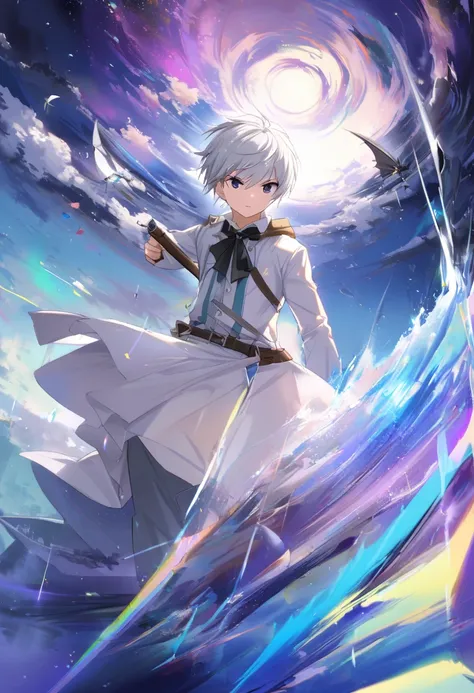 1 person、 Silver Hair 、 short hair、 dark eyes、 white shirt with collar、 Destroys Fantasy Clothes 、Little cool boy 、 bright lines and soft colors create a dreamy effect., Fleeting Impressions.., one man with holes 、The Old Tree House   、 whole body、Two swor...