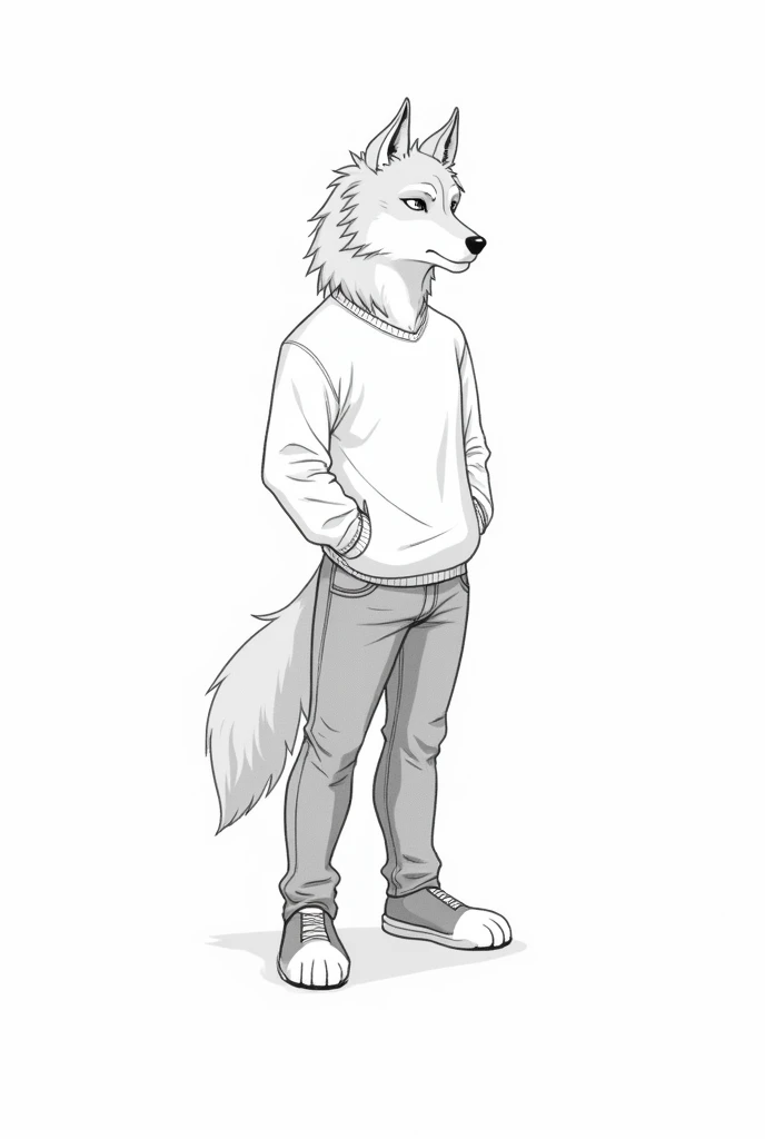  anthropomorphic wolf webcomic male :"Two Kinds" ,  full-length art on white art randash without color, Fine lines, dressed in jeans and a sweatshirt , costs,  anthropomorphic furry legs ,  looking away 