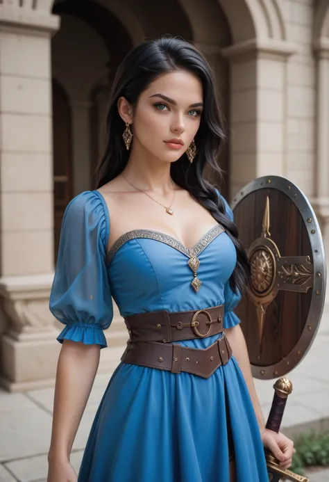 Female Adventurer、 black hair、 straight hair、 Blue Dress 、 equipped with a sword on the waist、Shield in left hand、 fantasy world view 、