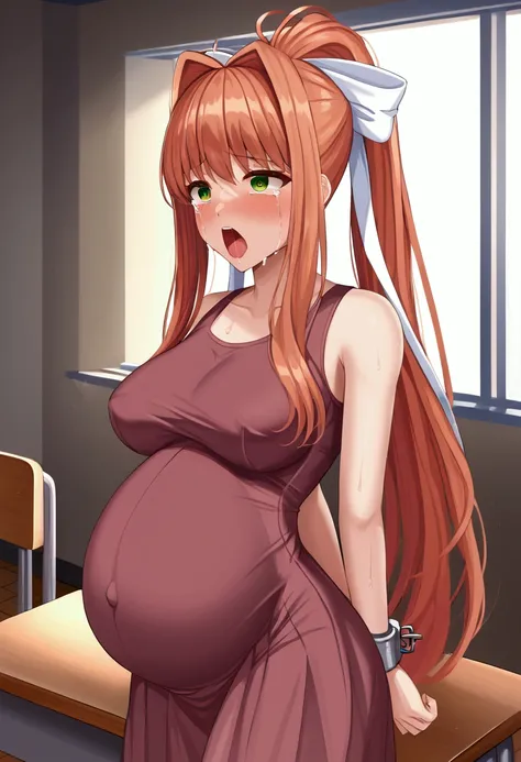     Pregnant ((ddlcmonika)) 　Eyes are green　 Beautiful girl with cute face 　   crying expression     She is in a classroom, screaming, tight maternity dress,The woman is restrained to a desk and cant move   　The womans whole body is sweating.