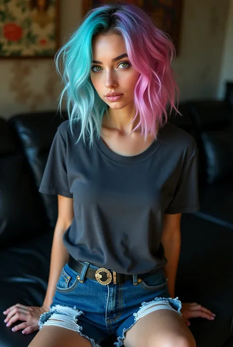 Full body picture of a beautiful croatian woman with asymmetrical gradient blue and pink hair and green eyes, wearing punk t-shirt and short torn jeans, sitting in leather Black sofa, full body picture, epic character composition, sharp focus, natural ligh...