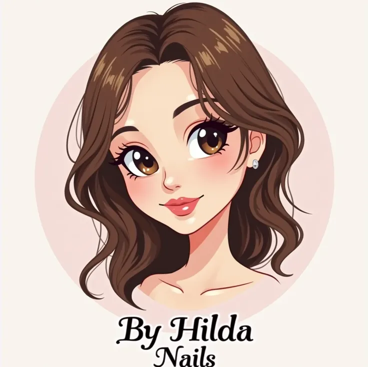  Create a logo with the image of a manicurist ,Make sure the hair is brown ,  light brown eyes , smiling, look blue and that has the name studio By Hilda Nails 