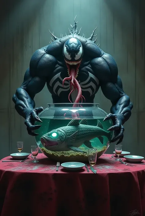 Venom at a dining table and a big fish at a bowl