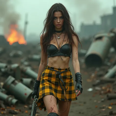 cinematographic photography of a beautiful brunette woman, green eyes, long hair, sexy, sculptural body, beautiful breasts, with a yellow and black checkered womens kilt, a yellow leather top, worn and dirty, walking on a battlefield with lots of robot wre...