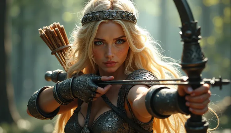 Detailed alluring blonde haired warrior, highly detailed arms and muscles, 1girl, hyper-realistic, 8k, realistic, highly detailed, cinematic lighting, realistic skin texture, alluring blue eyes, flowing hair, holding a huge crossbow with delicate details, ...