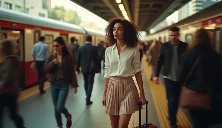 Wide shot, cinematic, warm natural lighting, Slender woman with curly hair, caramel-toned lips, wearing a modest white blouse, a pastel pleated skirt, and flats, holding a small suitcase, She steps off the train onto a busy platform, looking around with a ...