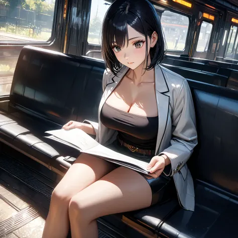 (masterpiece:1.2), high quality, high resolution, attention to detail, 4K, 8K, unreal engine, illustrative realism, dazzling sunlight, 1woman is sitting on a train seat, train have long horizontal seats along the walls, reading documents with a focused exp...