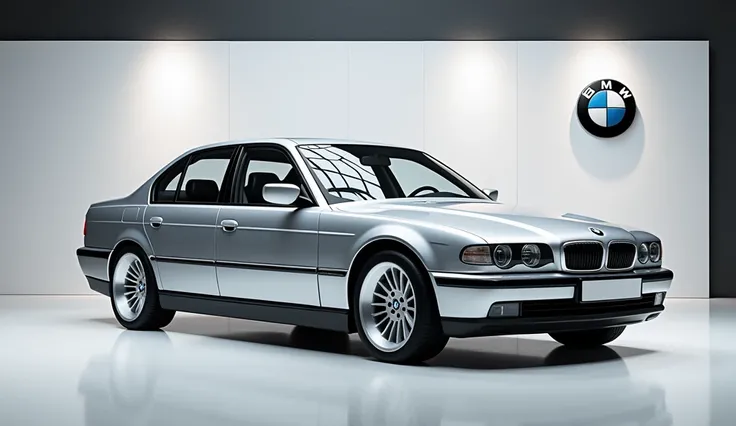 Generate a Realistic image of The 1995 Bmw 7 series silver colour with silver rim   main view with car showroom background with wall big logo of BMW