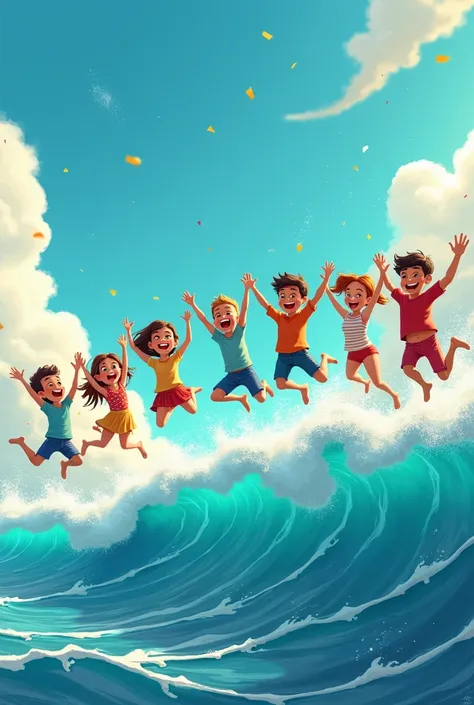 CARTOON OF PEOPLE JUMPING OVER SEA WAVES IN THE NEW YEAR