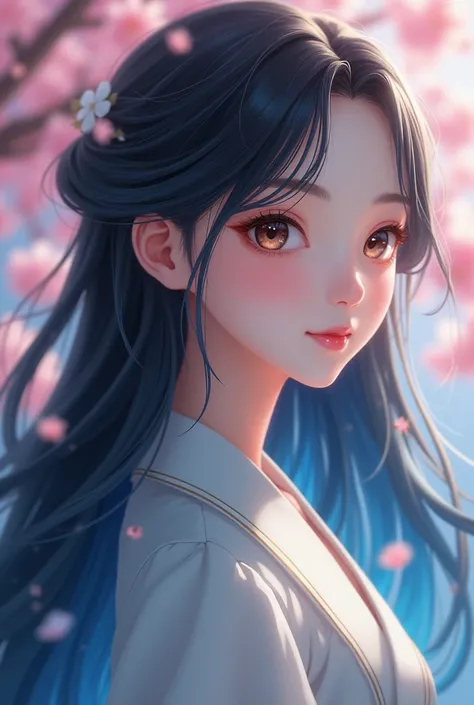 Real full body photo of a girl asian face smiling seen from the side long hair with black blue hair looks aesthetic with very perfect quality beground cherry blossoms look blurry and elegant super ultra HD quality