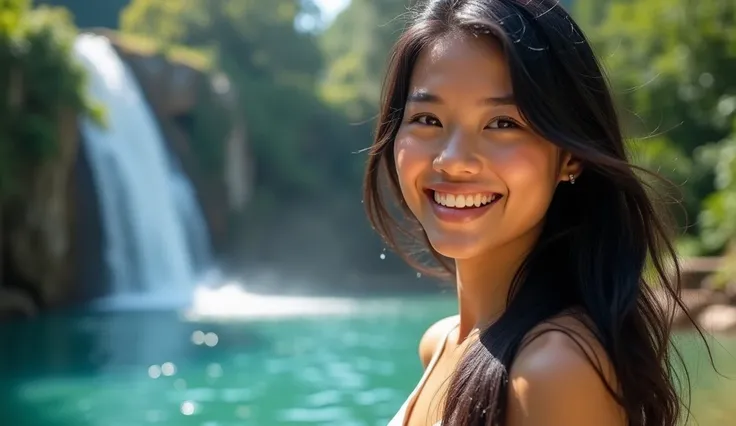 On a bright, sunny day in a lush tropical garden, the close-up photograph features a Thai woman with long black hair cascading down her shoulders, beautifully illuminated by the sun. She wears a light, sleeveless shirt that complements her sun-kissed skin....