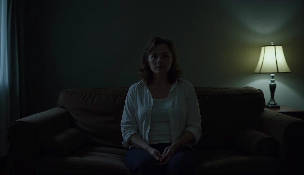 "A middle-aged woman sits alone on the sofa in a dark living room, with dim light from a table lamp, her face expressing loneliness and deep contemplation."