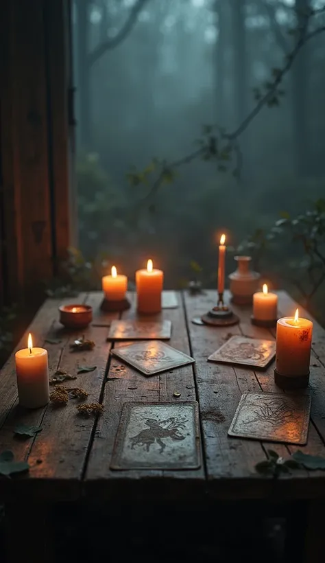  a rustic wooden table with tarot cards, candles burning in an esoteric environment 