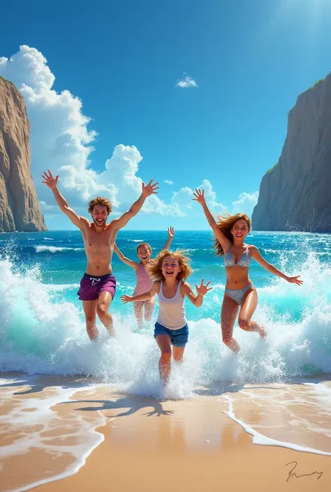 PEOPLE ON THE BEACH JUMPING WAVE ON THE EDGE OF THE BEACH