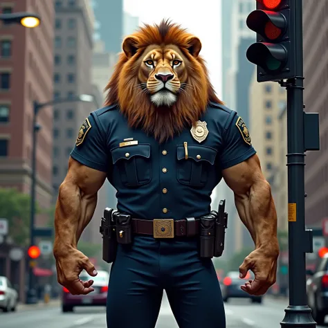 A strong body bid height and muscular lion full pack from head to foot in American police officer dress standing under a traffic lights on road 