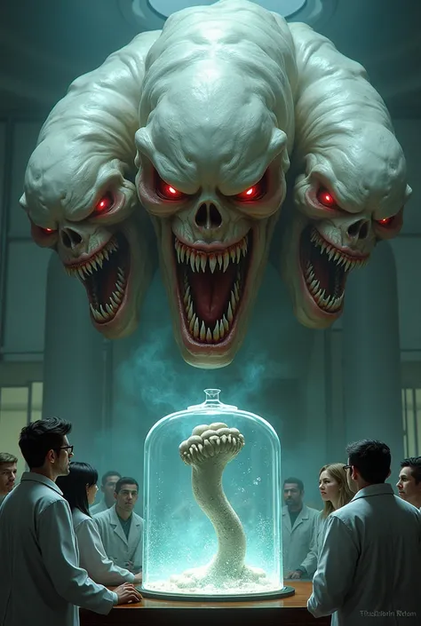 Create 3 deformed white heads with huge teeth from a scary giant monster with terrible red eyes on a glass with scientists looking