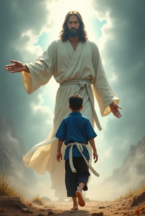  a mighty gaga young silat boy walking in front of the Lord Jesus  ,wearing a Blue shirt and black silat pants walking  , wearing a White belt with the tall savior of the Lord Jesus.