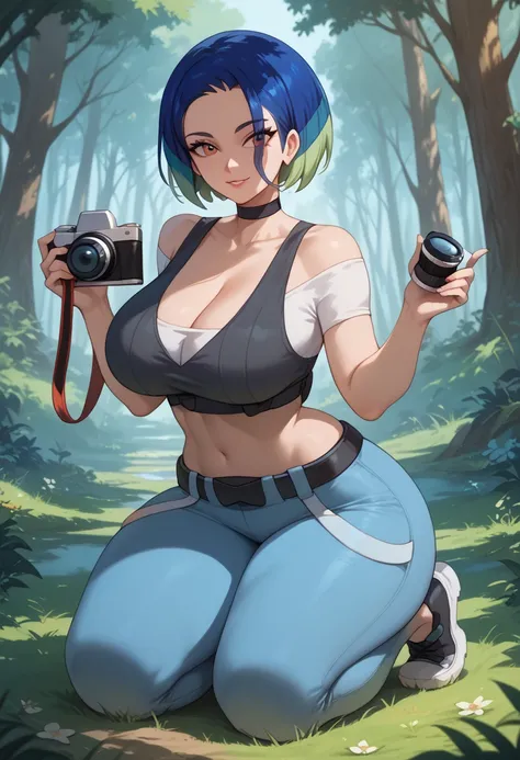 (masterpiece, best quality:1.2), highres, solo, 1girl, perrin_pokemon, blue hair, multicolored hair, crop top, pants, choker, belt, midriff, dense forest, kneeling, taking a picture, holding camera, cowboy shot, huge breasts, deep cleavage, wide hips, thic...