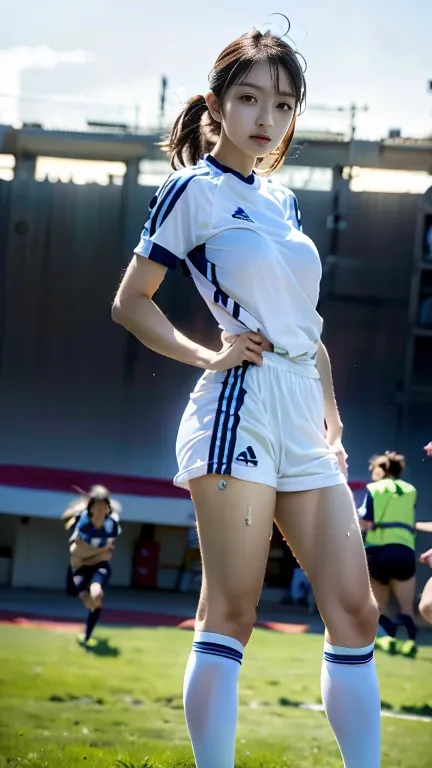  adidas white soccer jerseys、slender、 beautiful girl、 Japanese 、Famous idol、Realistic Images、Clear、 High Quality 、High image quality、８k、((( front lighting)))、 slender beautiful girl 、Beautiful, well-groomed face 、 White and sky blue Adidas、 soccer jersey、 ...