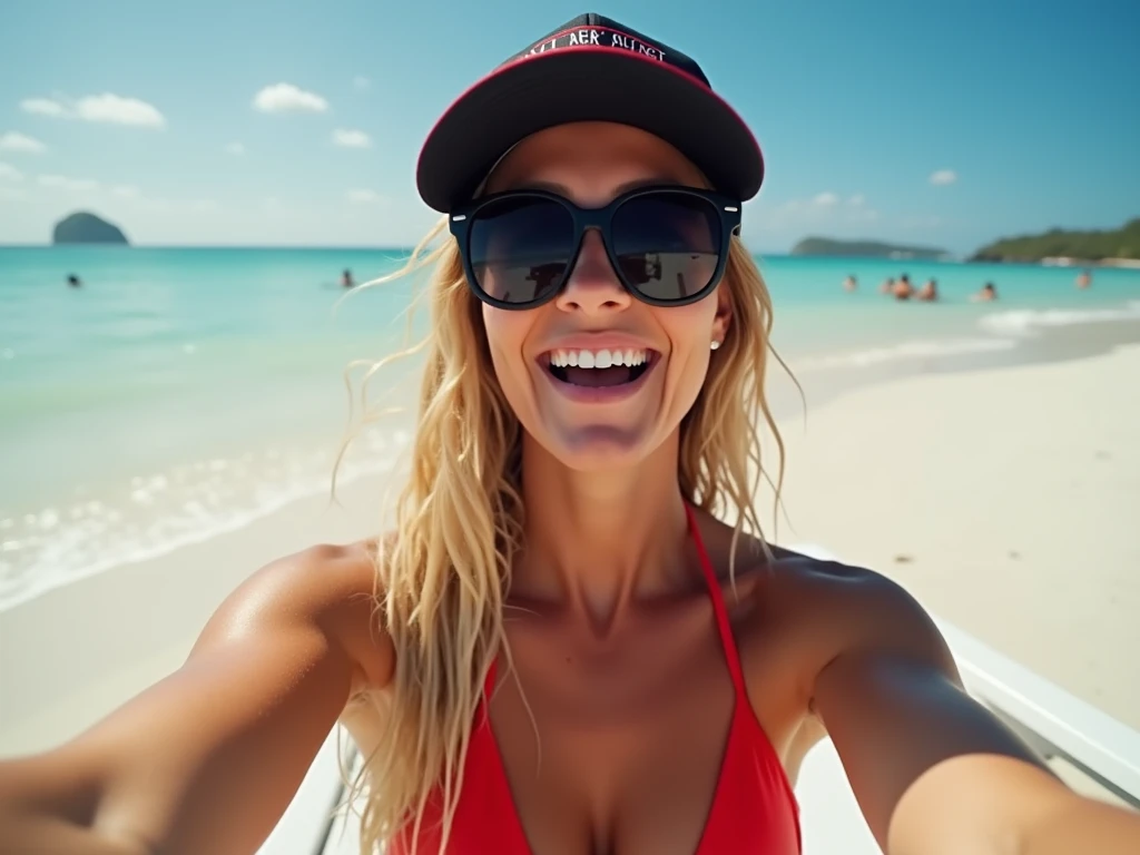   Blonde woman  , Blue eyes, delgado,  curvy and large ,  perfect breasts  ,  dressed in a red bikini , on a white beach lounger .  very realistic photo . laughing, having a great time . selfie.  wet hair.  wears black sunglasses and a Victorias Secret cap...