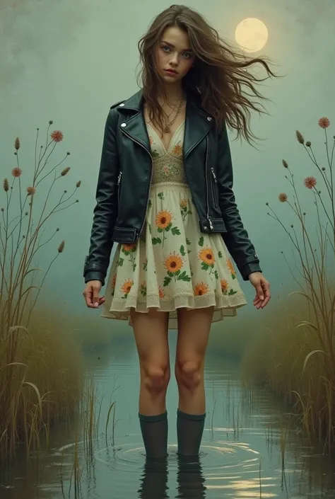 A striking yet simple depiction of a teenage girl drowning in a bog, wearing a short, elegant dress adorned with floral and indigenous patterns. She accessorizes with stockings and a leather jacket, striking a curious yet depraved pose against an abstract ...