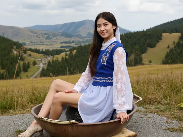 High resolution photo, in the photo a hot Azerbaijani woman, happy face, she has a big nose, long black hair, a curvy figure, a headscarf on her head, dressed in a white transparent shirt with loose sleeves, on top of which she wears a blue velour vest wit...