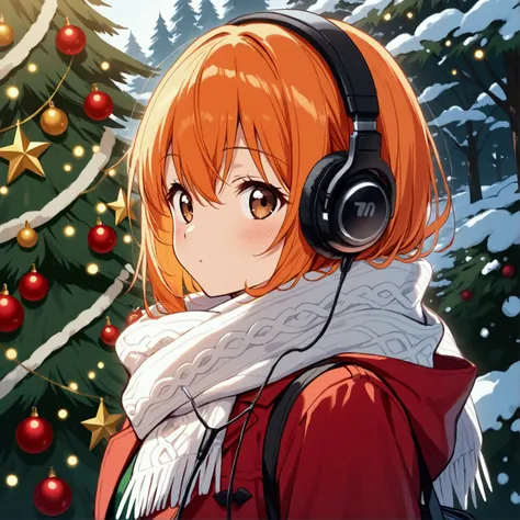 （masterpiece、 High Quality 、 high image quality、4K、8k、 Details）、 anime style、 1 girl（ cute face、 short orange hair 、 brown eyes）、 looking here 、 wearing headphones with a picture of a Christmas tree on it 、 red coat and fluffy white scarf 、 the background ...