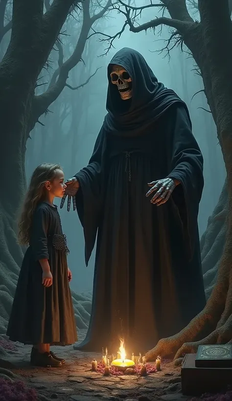 a witch wearing a human skull mask teaching a young girl the arts of witchcraft in a dark environment 