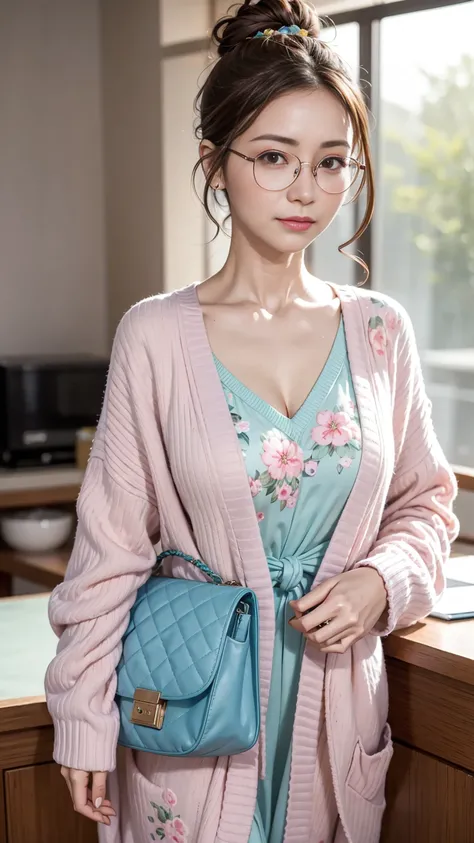 ultra-detailed, HDR, studio lighting, professional, pastel tones, cozy cardigan, floral dress, round glasses, shoulder bag, tied hair bun, soft lines, feminine fashion, simplistic style, warm tones, pop art, masterpiece, best quality, 8k, highres, UHD