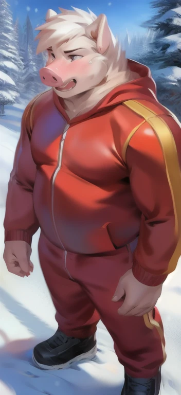 Solo,big man​, huge​ body​,​standing​, snow ,pig , red Tracksuit soldier , overweight, muscular,cry ,tears,yandere, by chunie