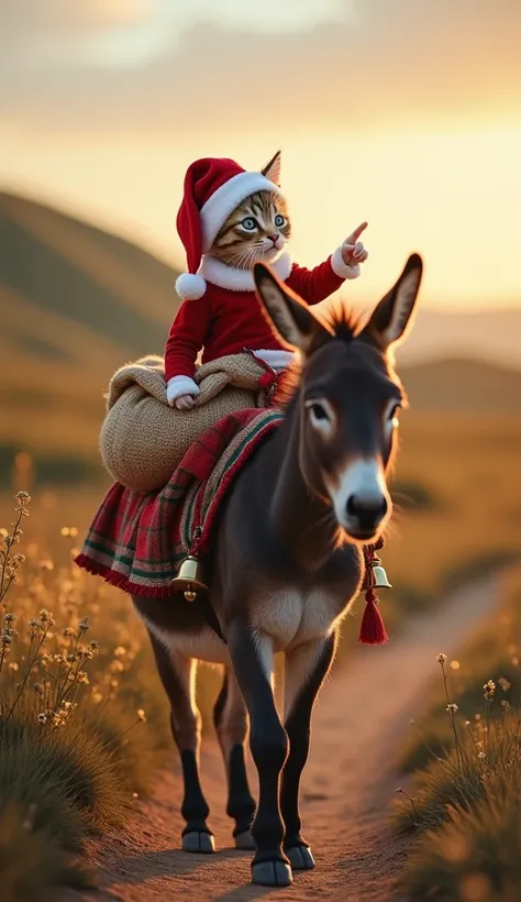 In a quaint countryside at dawn, a small kitten dressed as Santa Claus perches atop a cheerful donkey. The kitten’s red velvet hat, complete with a fluffy white pompom, tilts slightly as it adjusts a sack bursting with miniature wrapped gifts slung across ...